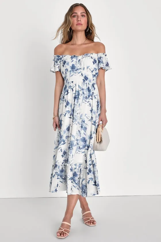 Delightfully Sweet White Floral Off-the-Shoulder Midi Dress sold by Lulus