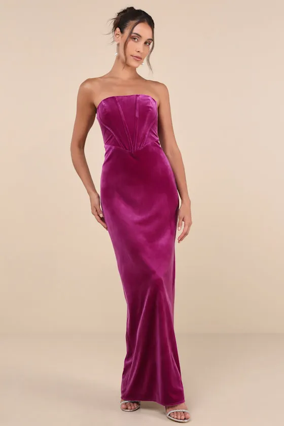 Regal Affect Magenta Velvet Bustier Strapless Maxi Dress sold by Lulus