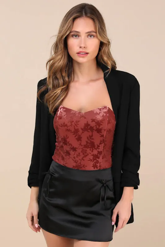 Iconic Beauty Dark Mauve Velvet Floral Strapless Bodysuit sold by Lulus