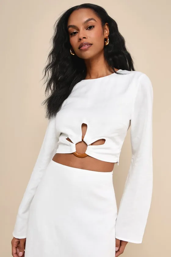Effortless Vacay White Linen Long Sleeve Cropped O-Ring Top sold by Lulus
