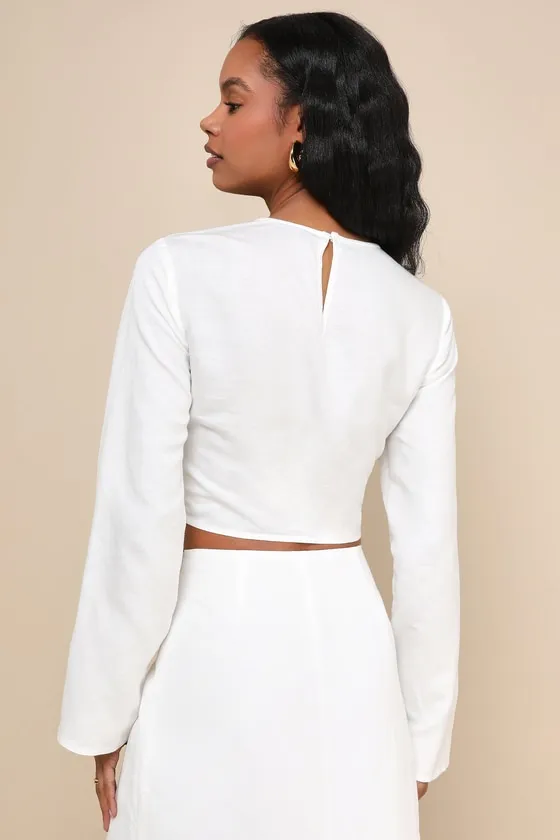 Effortless Vacay White Linen Long Sleeve Cropped O-Ring Top sold by Lulus product image thumbnail 2