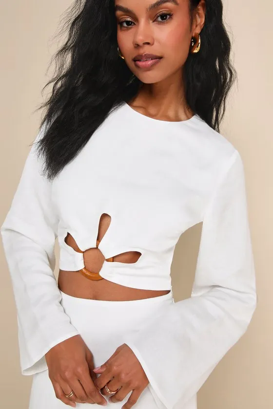 Effortless Vacay White Linen Long Sleeve Cropped O-Ring Top sold by Lulus product image thumbnail 4