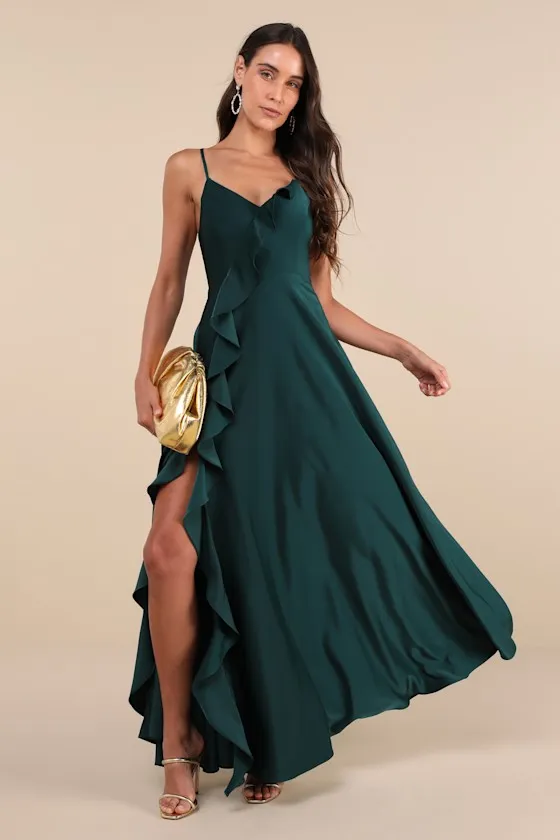 Stylish Grace Emerald Backless Lace-Up Ruffled Maxi Dress sold by Lulus