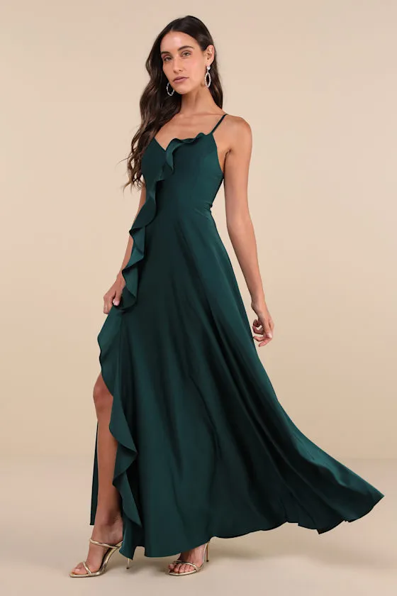 Stylish Grace Emerald Backless Lace-Up Ruffled Maxi Dress sold by Lulus product image thumbnail 3