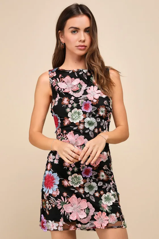 Special Something Black 3D Floral Embroidered Mini Dress sold by Lulus