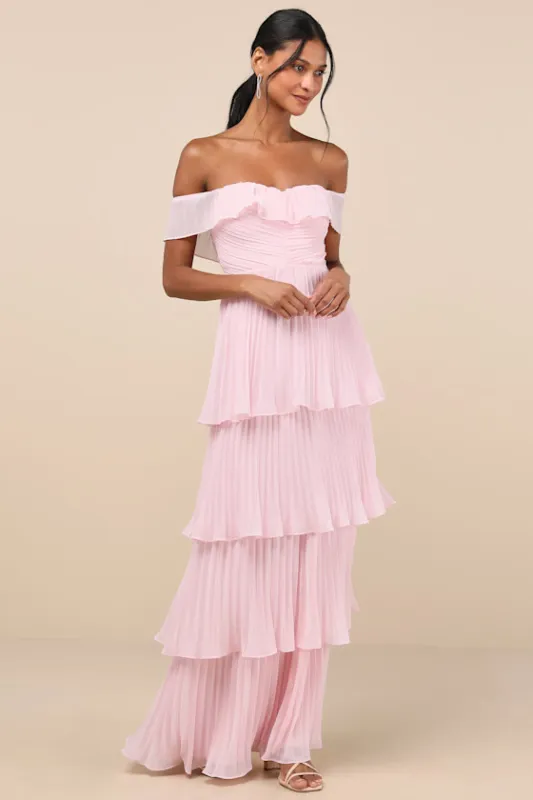 Always Remarkable Pink Pleated Off-the-Shoulder Maxi Dress sold by Lulus
