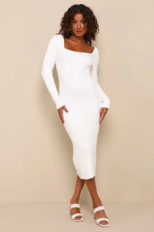 Gleaming Babe White Ribbed Knit Pearl Midi Sweater Dress sold by Lulus
