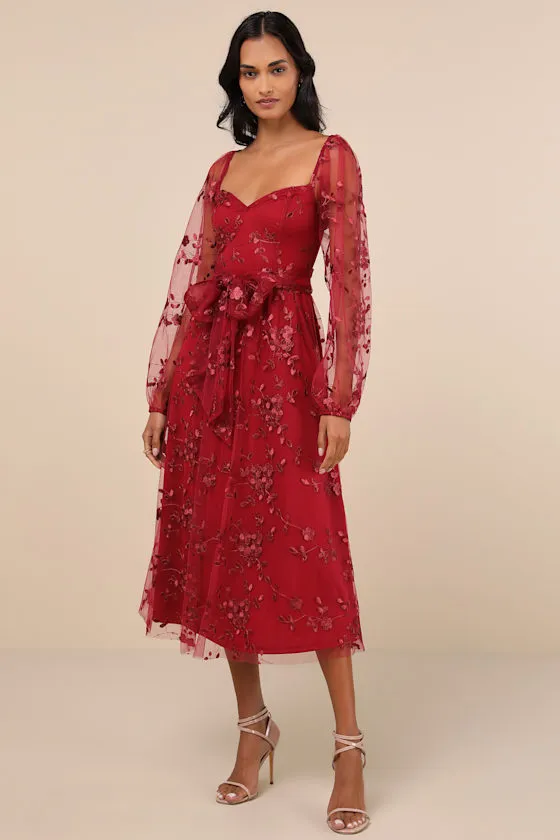 Darling Charisma Wine Red Mesh Embroidered Midi Dress sold by Lulus