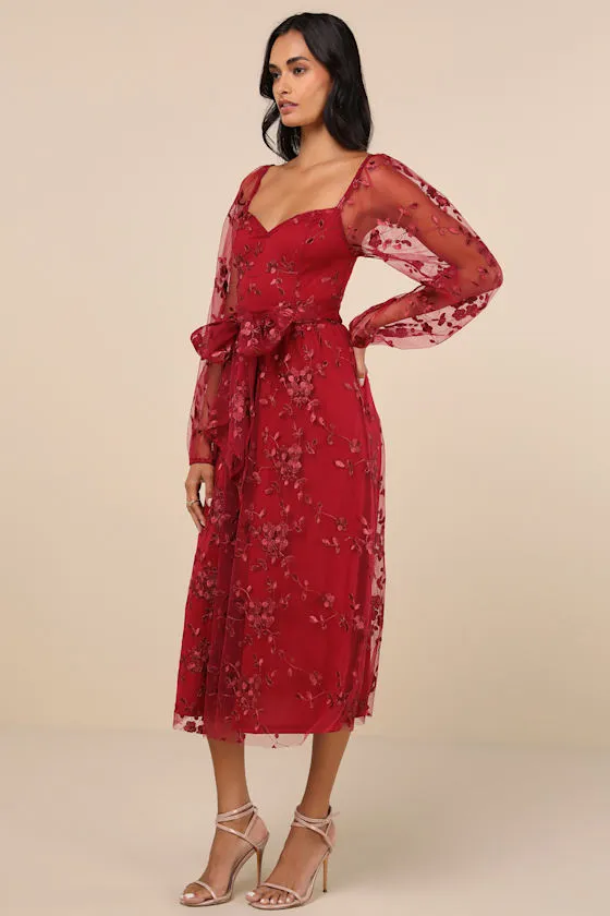 Darling Charisma Wine Red Mesh Embroidered Midi Dress sold by Lulus product image thumbnail 2