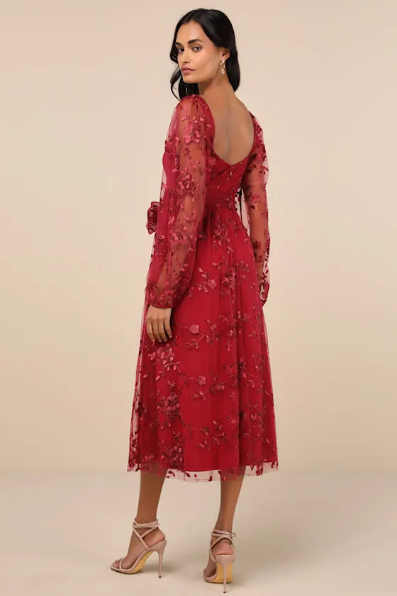 Darling Charisma Wine Red Mesh Embroidered Midi Dress sold by Lulus product image thumbnail 3