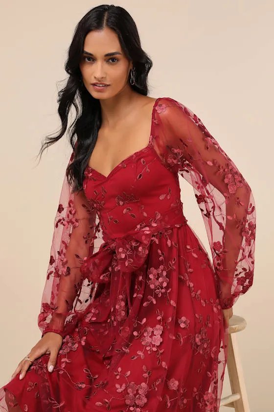 Darling Charisma Wine Red Mesh Embroidered Midi Dress sold by Lulus product image thumbnail 4