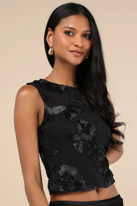 Energizing Aura Black Mesh 3D Floral Tank Top sold by Lulus