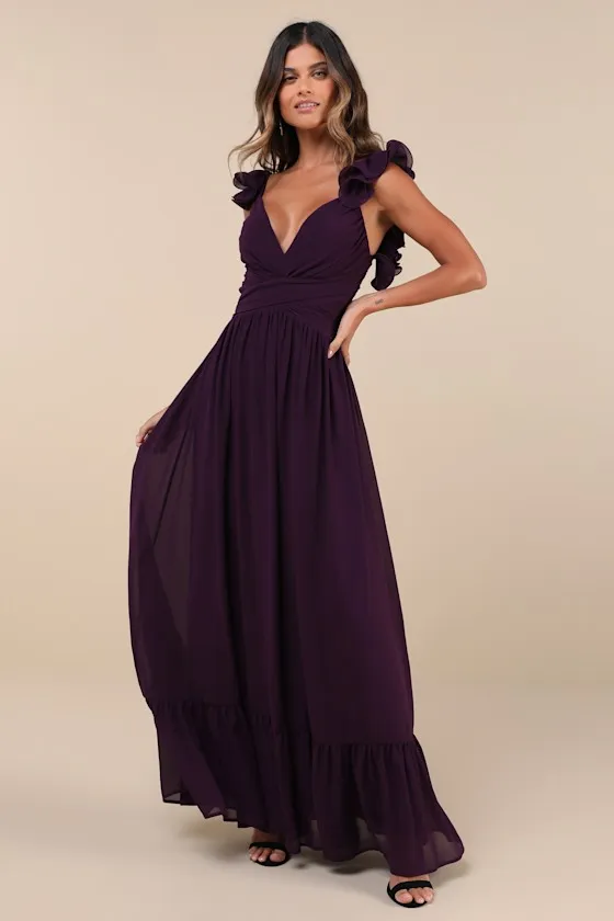Soiree Celebration Purple Ruffled Lace-Up Maxi Dress sold by Lulus