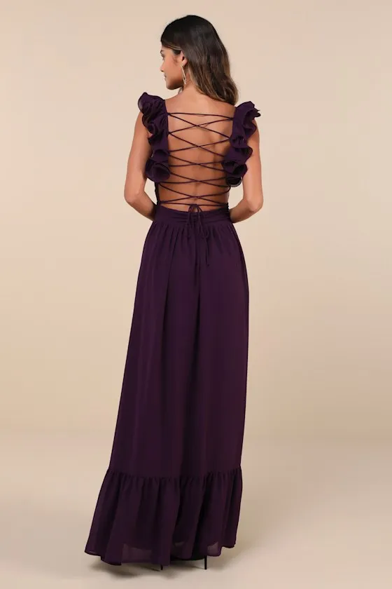 Soiree Celebration Purple Ruffled Lace-Up Maxi Dress sold by Lulus product image thumbnail 2