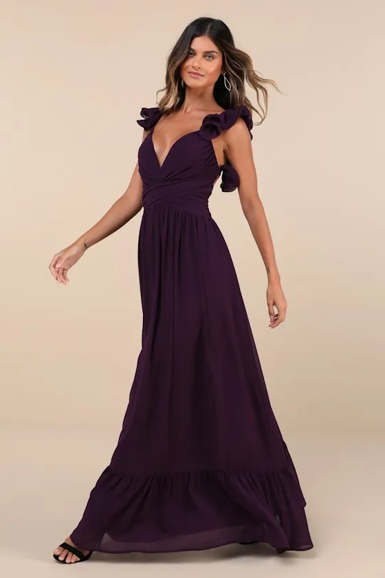 Soiree Celebration Purple Ruffled Lace-Up Maxi Dress sold by Lulus product image thumbnail 4
