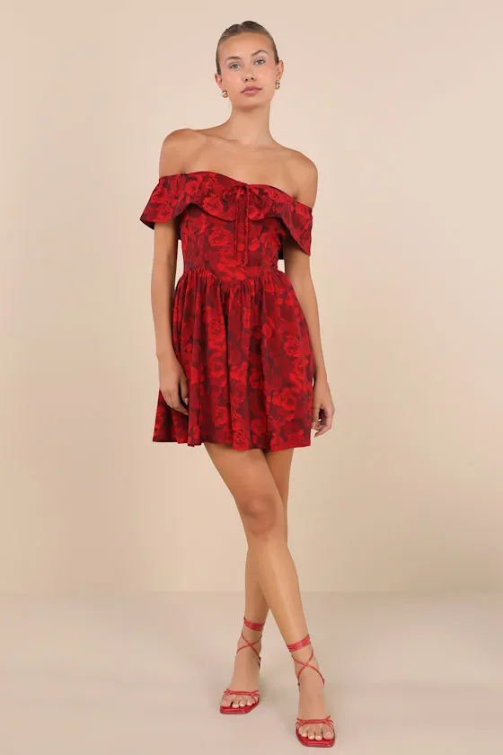Enviable Charm Red Floral Jacquard Off-the-Shoulder Mini Dress sold by Lulus