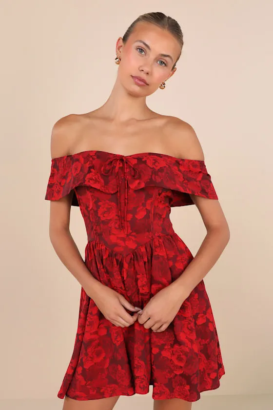 Enviable Charm Red Floral Jacquard Off-the-Shoulder Mini Dress sold by Lulus product image thumbnail 2