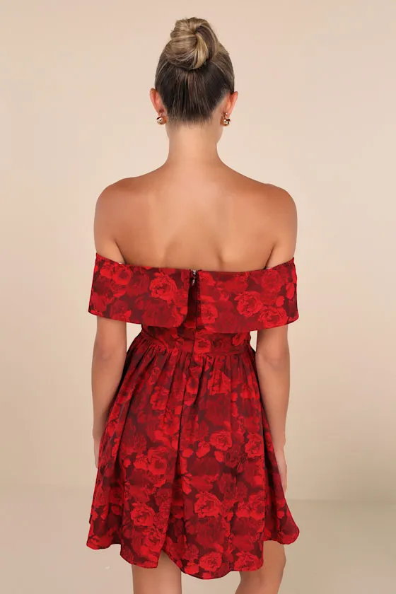 Enviable Charm Red Floral Jacquard Off-the-Shoulder Mini Dress sold by Lulus product image thumbnail 3