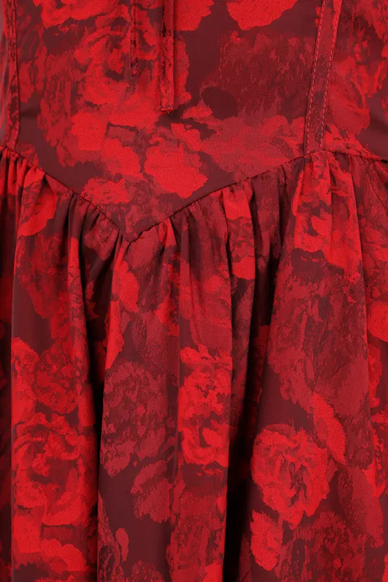Enviable Charm Red Floral Jacquard Off-the-Shoulder Mini Dress sold by Lulus product image thumbnail 4
