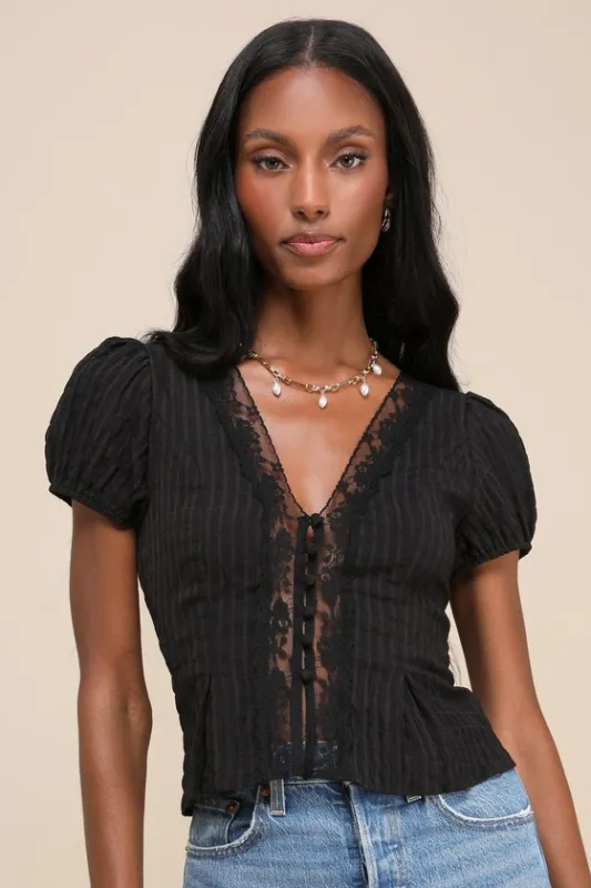 Easily Sophisticated Black Textured Lace Short Sleeve Top sold by Lulus