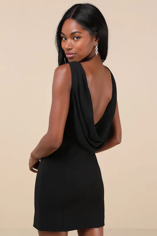 Perfection Bound Black Sleeveless Cowl Back Mini Dress sold by Lulus
