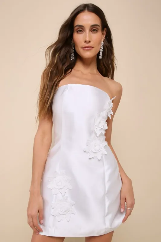 Charming Destiny White 3D Floral Applique Strapless Mini Dress sold by Lulus
