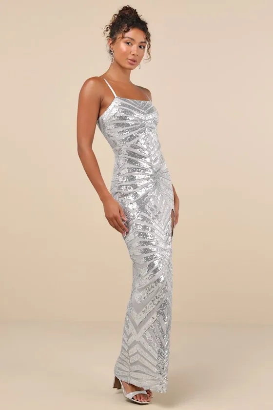 Glimmering Beauty Silver Sequin Sleeveless Column Maxi Dress sold by Lulus