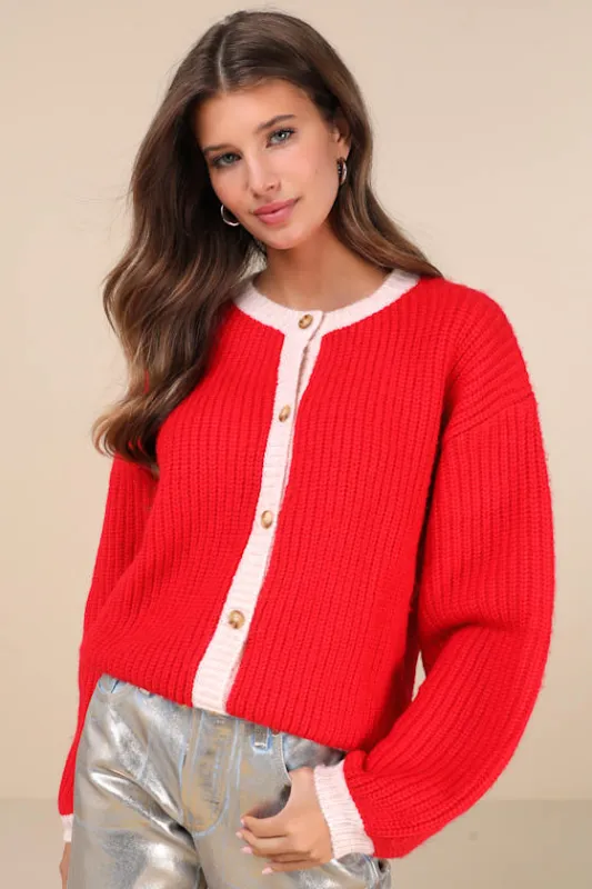 Luciana Red Contrast Trim Cardigan sold by Lulus