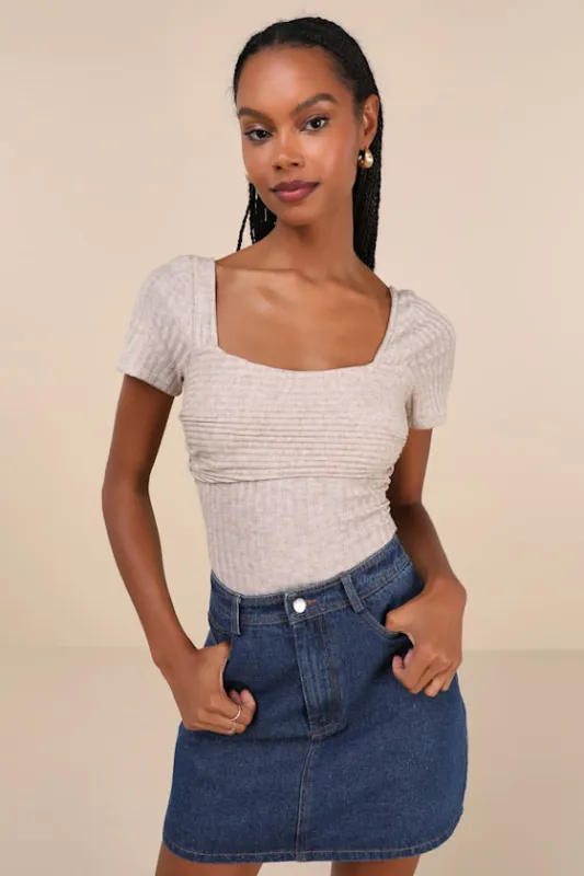 Quintessential Muse Heather Beige Ribbed Short Sleeve Top sold by Lulus