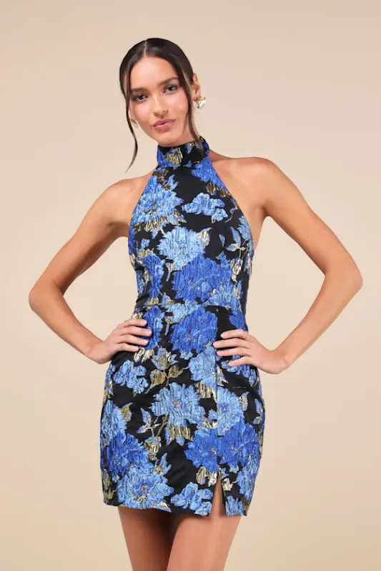 Extraordinary Impression Black Floral Jacquard Halter Mini Dress sold by Lulus