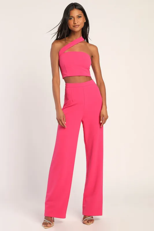 Flaunt It Like That Hot Pink One-Shoulder Two-Piece Jumpsuit sold by Lulus