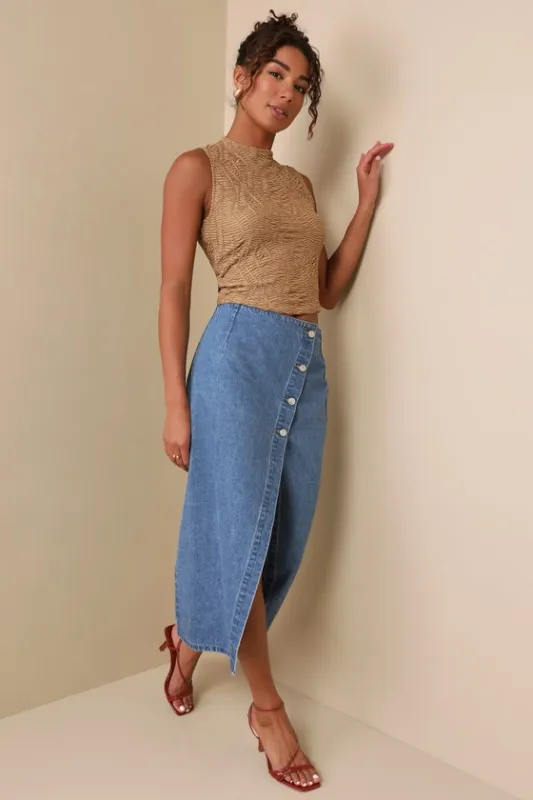 Flirty Pick Medium Wash High-Rise Denim Midi Skirt sold by Lulus