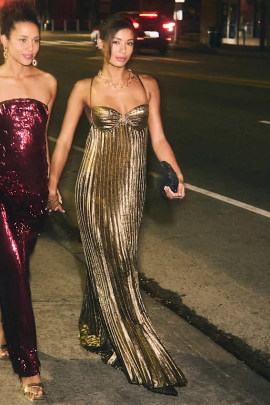 Brilliant Allure Gold Metallic Lurex Pleated Maxi Dress sold by Lulus