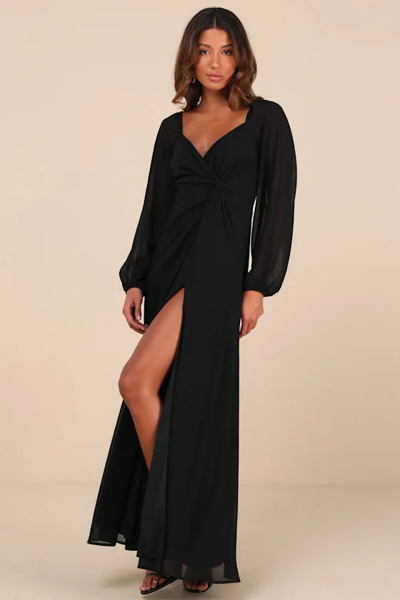 Composed Soiree Black Twist-Front Long Sleeve Maxi Dress sold by Lulus