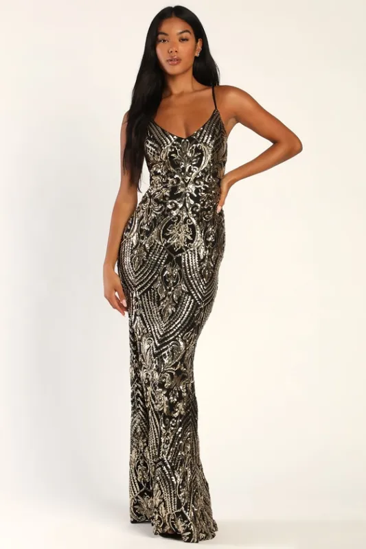 Truly Alluring Black and Gold Sequin Mermaid Maxi Dress sold by Lulus