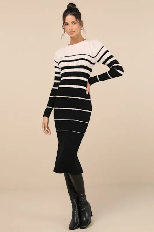 Seasonal Status Black and Ivory Striped Midi Sweater Dress sold by Lulus