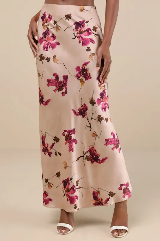 Captivating Element Mauve Pink Floral Print Satin Maxi Skirt sold by Lulus