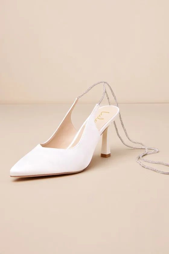 Finnian White Satin Rhinestone Lace-Up Pointed-Toe Pumps sold by Lulus product image thumbnail 3