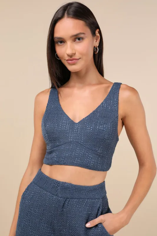 Chic and Sophisticated Navy Blue Tweed Cropped Tank Top sold by Lulus