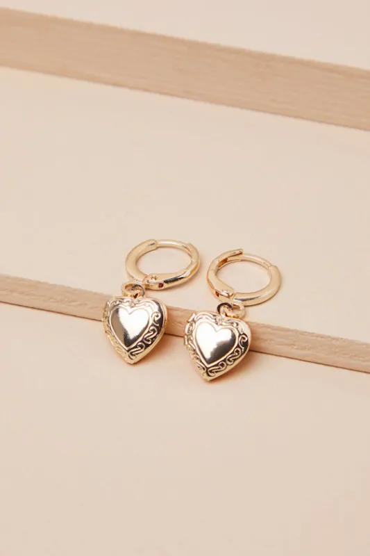 Dearest Addition Gold Heart Locket Huggie Hoop Earrings sold by Lulus