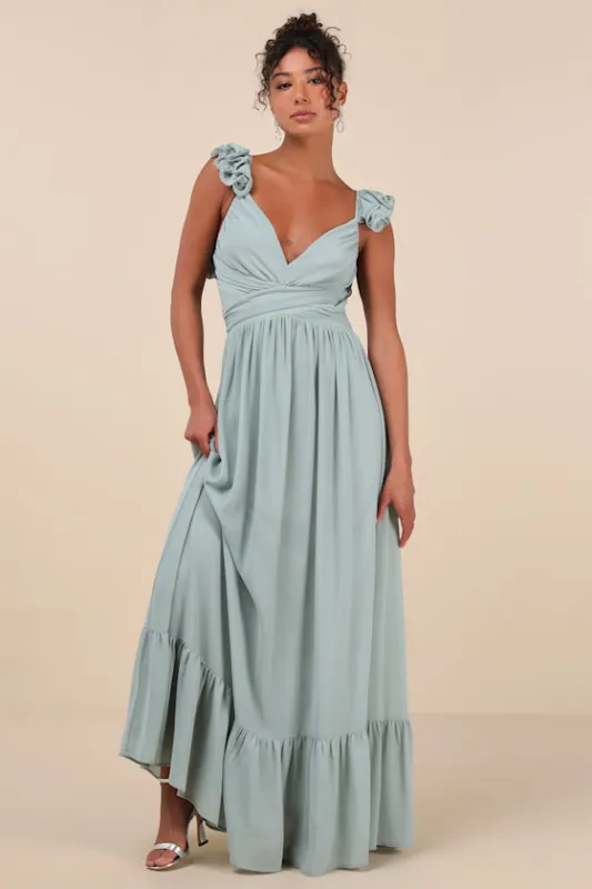 Soiree Celebration Light Blue Floral Ruffled Lace-Up Maxi Dress sold by Lulus