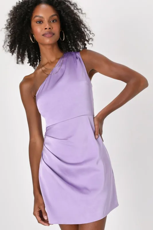 Love Me Tonight Lavender Satin One-Shoulder Mini Dress sold by Lulus