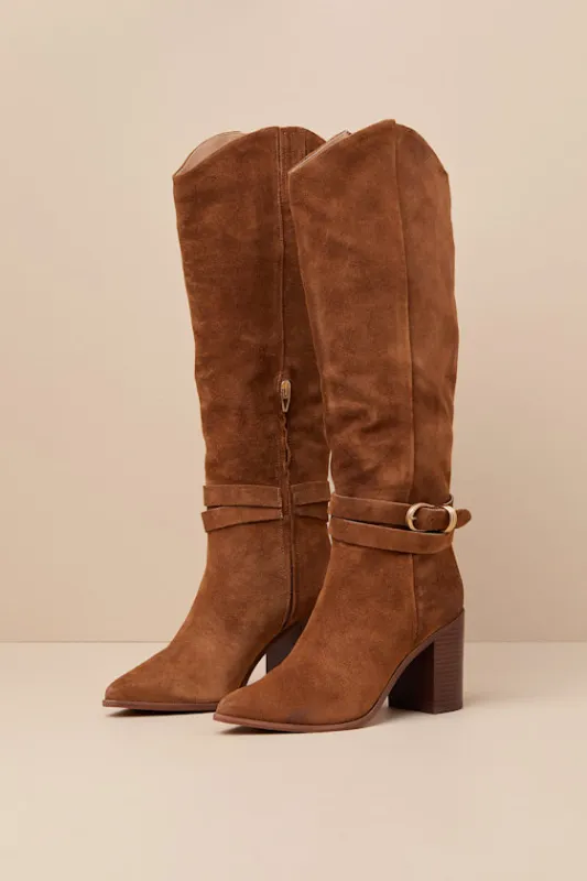 Tyrone Brown Suede Buckle Pointed-Toe Knee-High Boots sold by Lulus