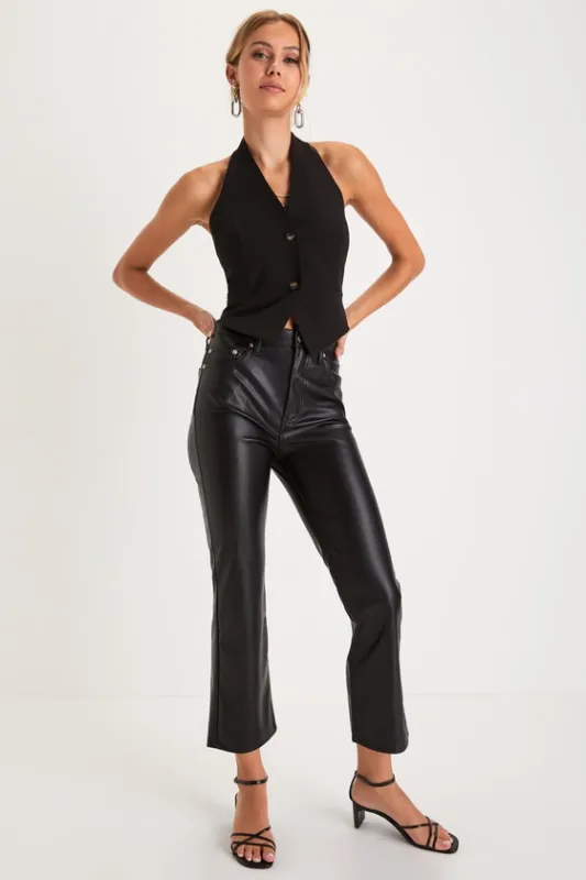 Shy Girl Black Vegan Leather High-Rise Cropped Flare Pants sold by Lulus