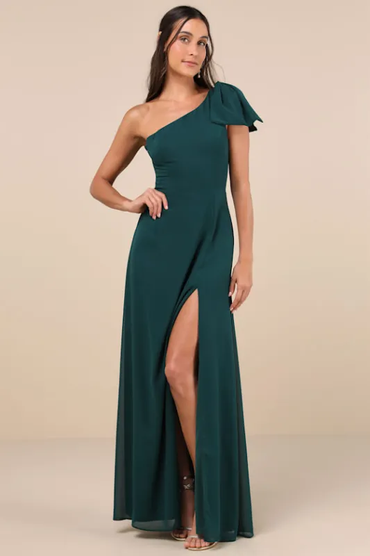 Simply Brilliant Emerald One-Shoulder Bow Maxi Dress sold by Lulus