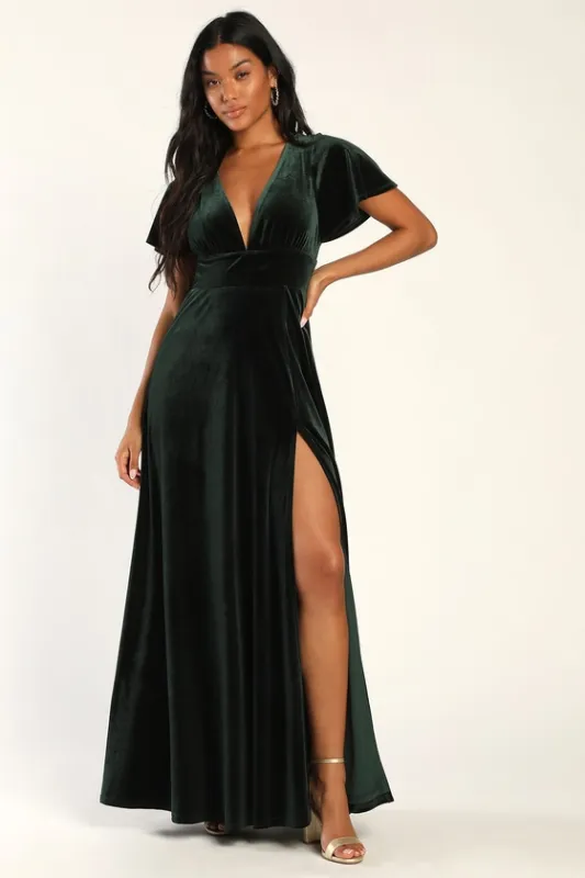 Stunning Days Emerald Green Velvet Flutter Sleeve Maxi Dress sold by Lulus