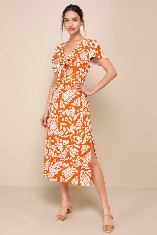 Energetic Charm Rust Orange Abstract Tie-Front Midi Dress sold by Lulus