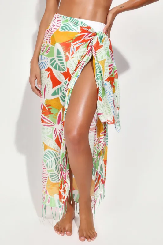Beachy Charisma White Multi Print Fringe Sarong Swim Cover-Up sold by Lulus