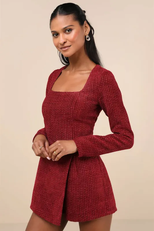 Cultivated Poise Burgundy Tweed Romper sold by Lulus