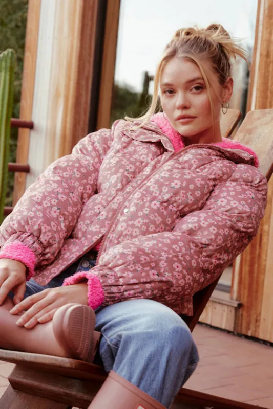Calli Pink Floral Corduroy Puffer Jacket made by Lulus
